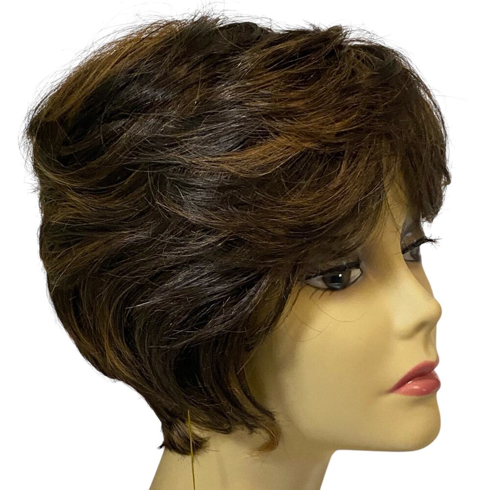 Human Hair Blend Wig Dk Brown Copper Frost Short Layered Pixie for Women  A835W4 - Picture 8 of 9